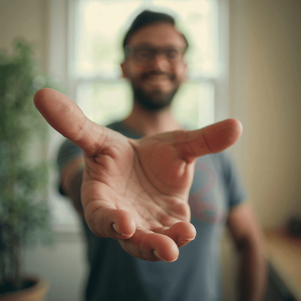 AI generated: A faceless figure extends their hand toward the camera for a handshake, fingers poised and inviting....
