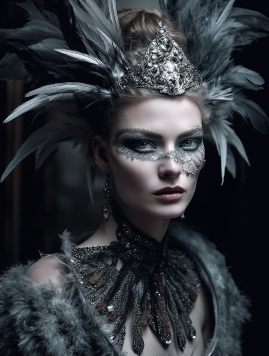 AI generated: beautiful woman mysterious oracle, incredible detailed, insanely ornamented with baroque silver deco...
