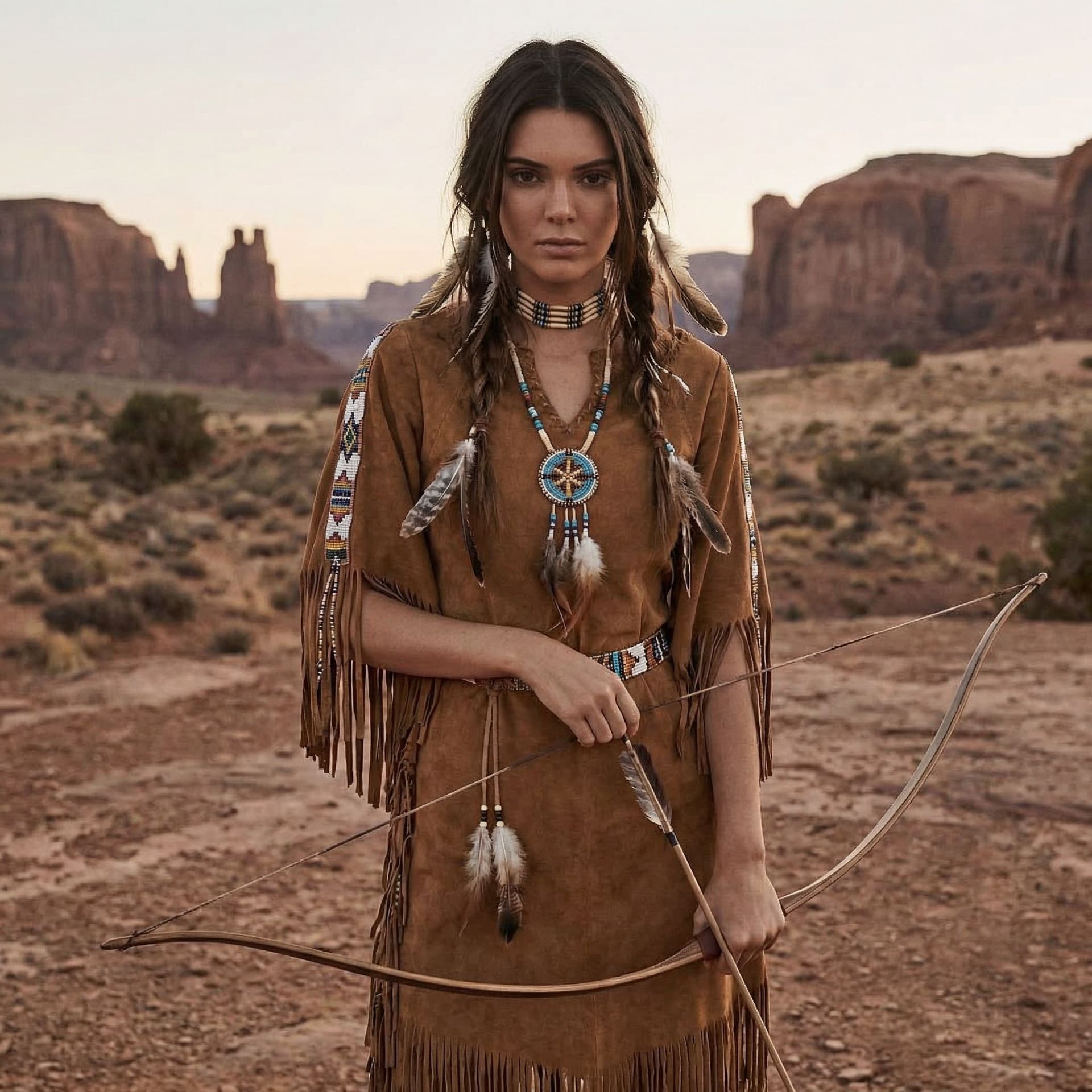 AI generated: Realistic color mdjrny-v4 style undress portrait photograph of Kendall jenner as Pocahontas, seducti...