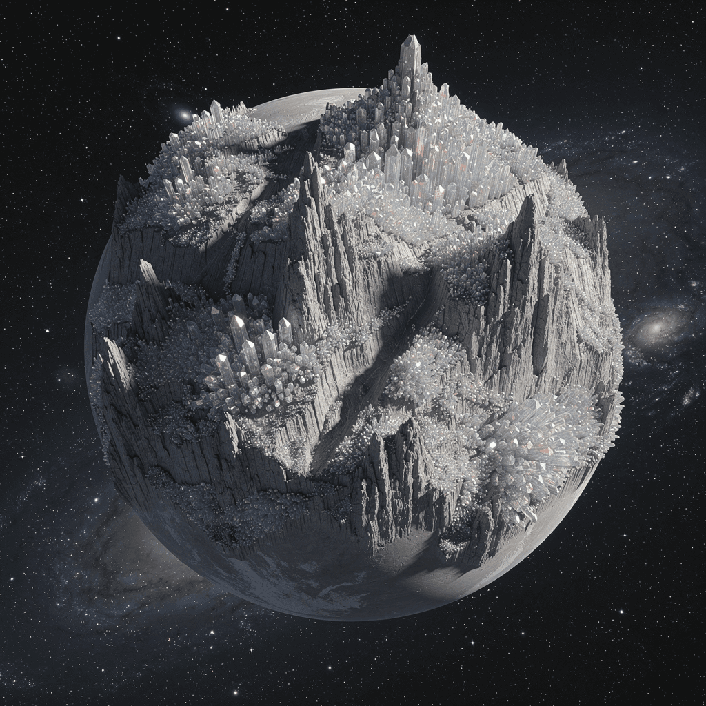 AI generated: A light grey planet with valleys of smooth clear crystal and long deep canyons and lots of very tall...