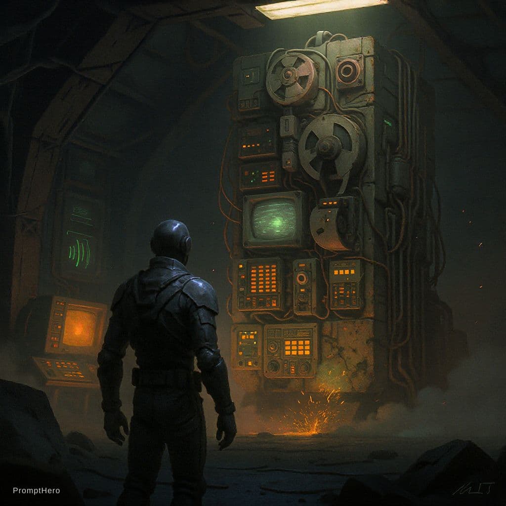 AI generated: A stunning and intricate illustration of a lone figure standing before a massive, futuristic central...