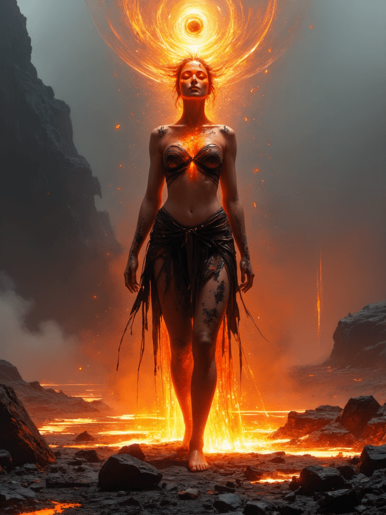 AI generated: In a barren, volcanic landscape, a fierce woman stands amidst jagged black rocks, her presence both ...