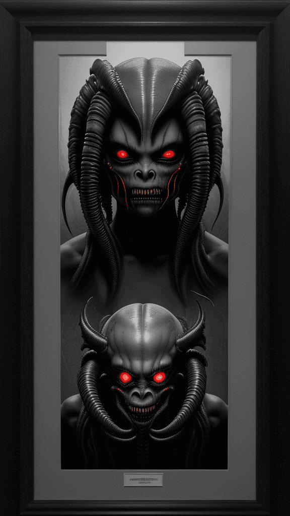 AI generated: "Dread-inducing Xenomorph RFKTR-style headshot framed((club card)):2.2 featuring H.R. Giger's master...