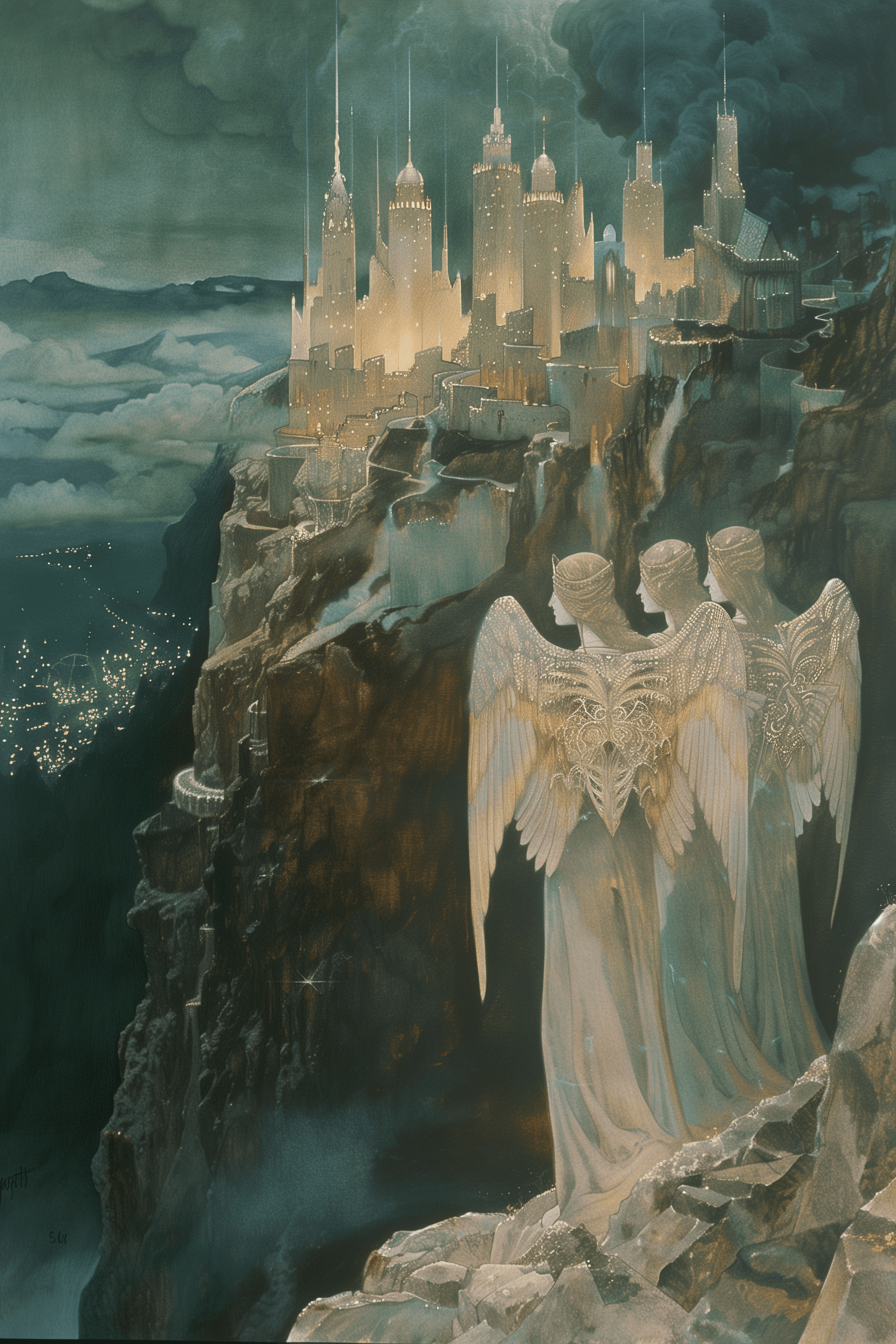AI generated: A group of angels, with wings spread wide and faces glowing in an ethereal light, stand on the edge ...