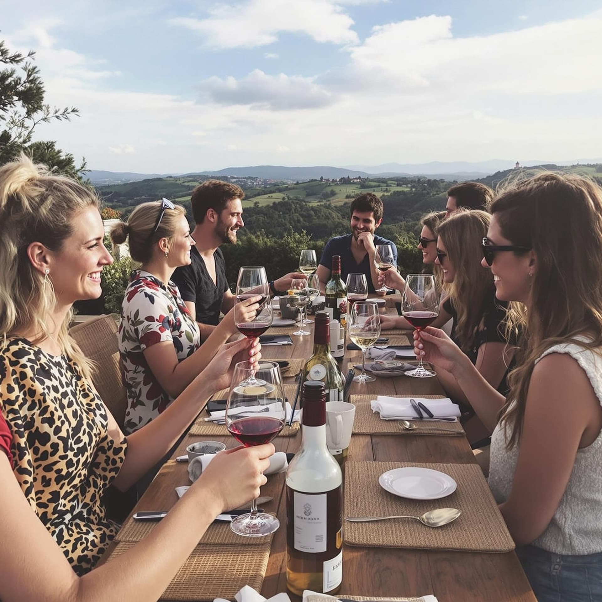 AI generated: wine tasting in portugal, team building, happy group, startup retreat