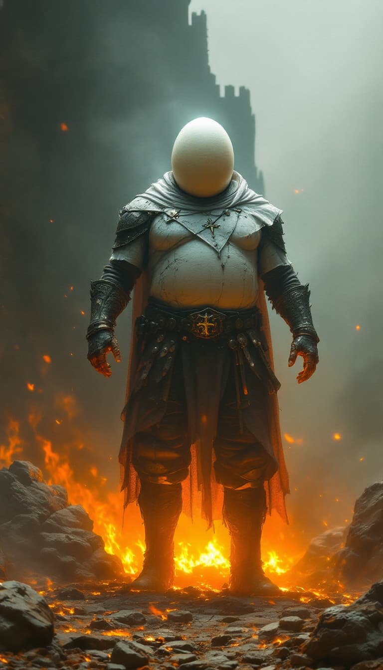 AI generated: Envision a fully body portrait of  humpty dumpty  egg las   super hero lying on the ground rising fr...