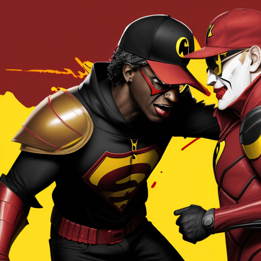 AI generated: A BLACKMAN in a red baseball cap, yellow sunglasses, in a dark red superhero knight armour suit with...