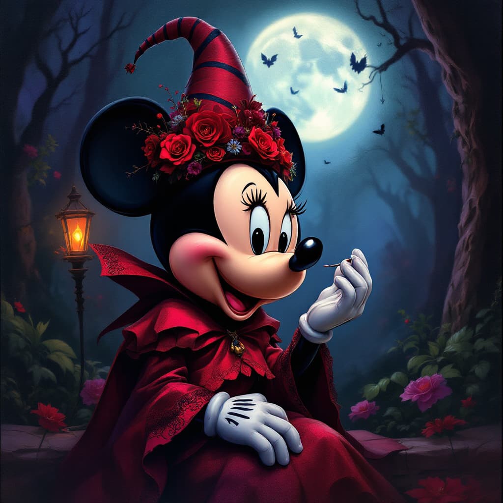 AI generated: a painting of a Mickey Mouse with make up of Catrina, in the style of disney animation, 32k uhd, cha...
