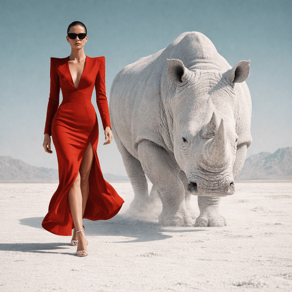 AI generated: {
  "scene": {
    "type": "editorial fashion surrealism",
    "location": "barren white desert w...