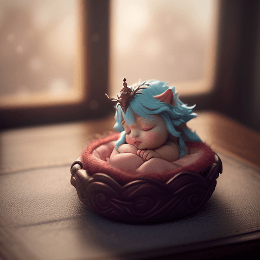 AI generated: [A tiny red dragon sleeps curled up in a nest on a medieval wizard's table]. Shot with a macro lens ...