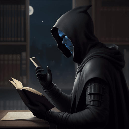 AI generated: mysterious figure from the side with a book in his hand at the library, by night <lora:xl_more_art-f...