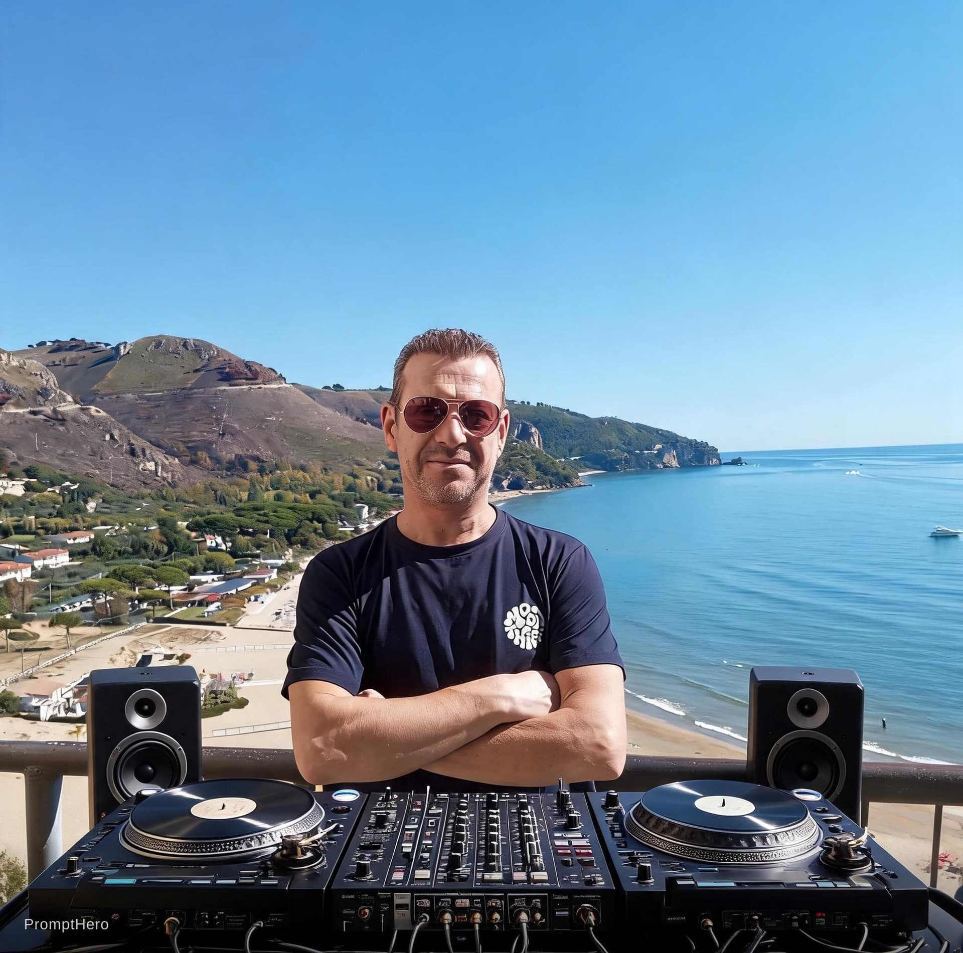 AI generated: Virtual dj mixing in front of mixer and speakers on turntables