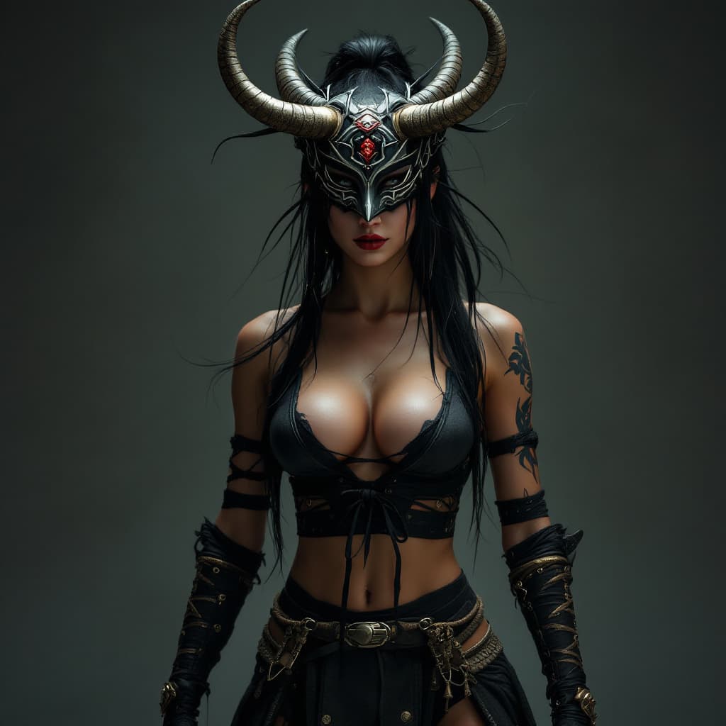 AI generated: Full body shot, of a beautiful stunning alluring female kunoichi, above her head wearing Oni mask, s...