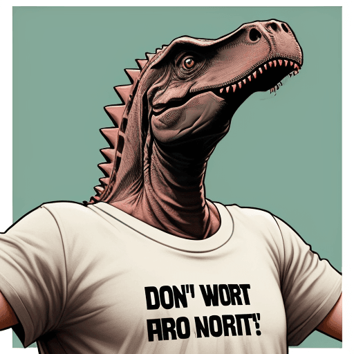 AI generated: A dinosaur, raptor, wearing a t-shirt saying don't worry its only, and underneath the dinosaur it sa...