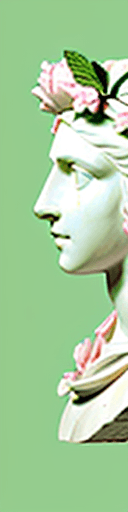 AI generated: Plaster head of Dafna, pink peonies on the head, Doric order, mint background --ar 4:5