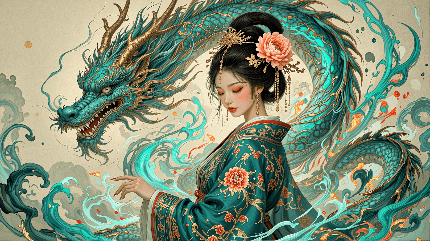 AI generated: A wide-angle horizontal digital masterpiece of a regal East Asian woman in profile, wearing an incre...