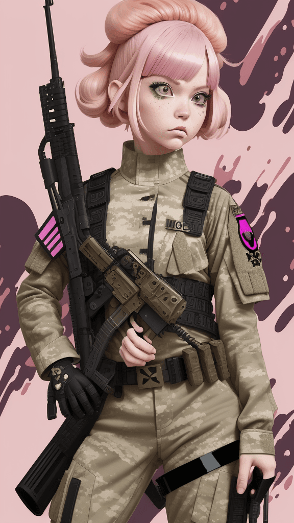 AI generated: in a funky army background portrait of little mushroom woman, pink hair, wearing army attire, holdin...