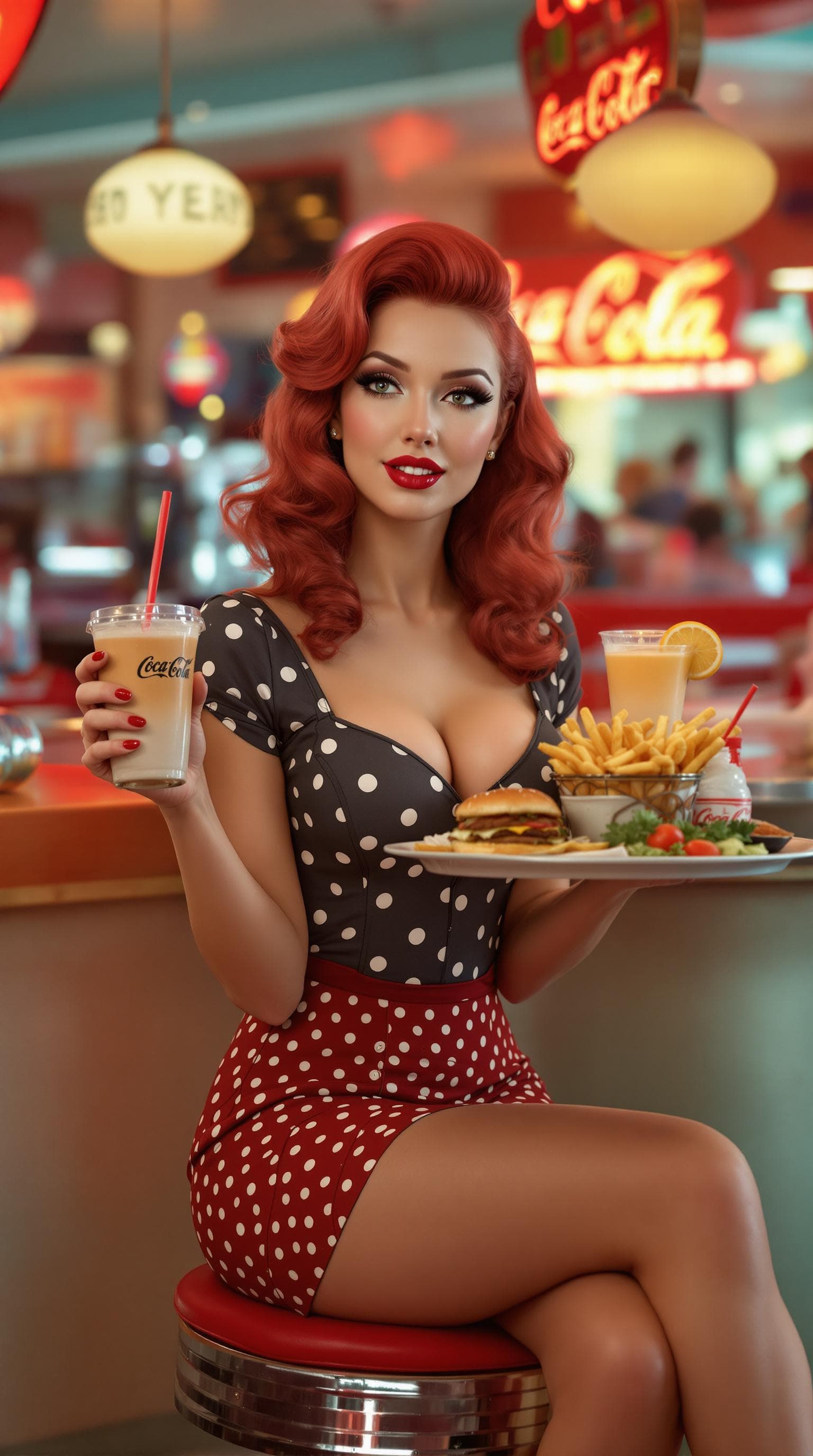 AI generated: retro, a woman with vibrant red hair, stylish pin-up outfit, sitting confidently on a stool, holding...