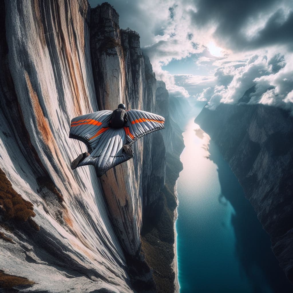 AI generated: Man in a wingsuit diving jetlike past a huge cliff, spectacular and thrilling view, ultra wide angle...