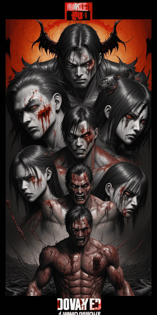 AI generated: multiple shot, 4d Overlay Japanese COMIC type. A 16k LANDSCAPE poster of a random evil vanquished su...