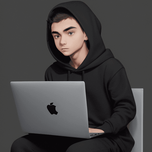 AI generated: A 21 year old chilled Developer with black background wearing a black hoodie sitting with his grey c...