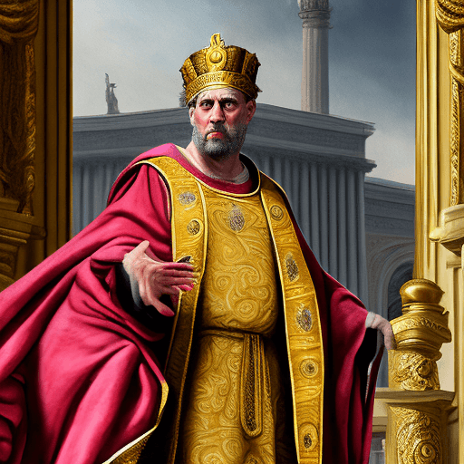 AI generated: Crazy Roman Emperor:

Prompt: "A scene depicting a Roman emperor with a wild look in his eyes, stand...