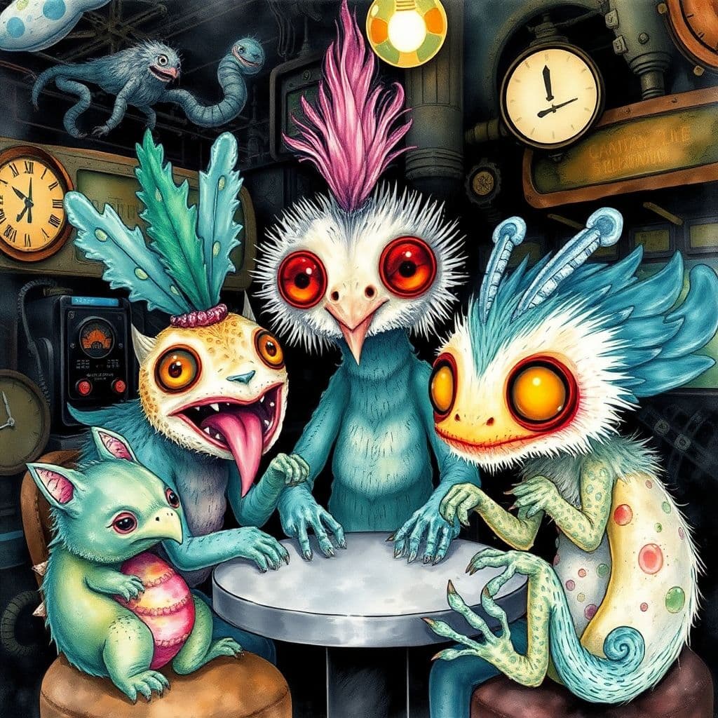 AI generated: Image is a digital alcohol ink wash fantasy artwork quirky funkadelic K-pop creatures by day, Steamp...