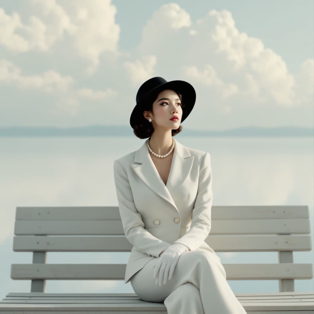 AI generated: Elegant woman in a mid-20s to early 30s age range, of East Asian descent, seated on a simple wooden ...