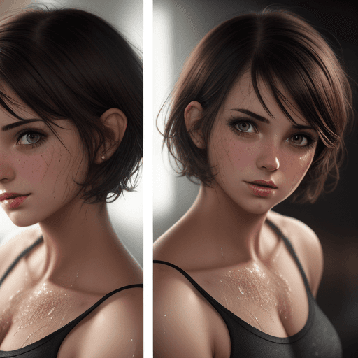 AI generated: create cute fit brunette girl, short hair, studio, sweaty, highly detailed, professional photo, extr...