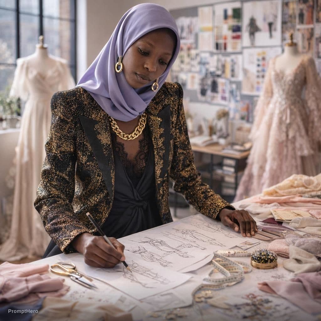 AI generated: Prompt: A highly detailed fashion designer working in a modern, stylish studio. The designer is a co...