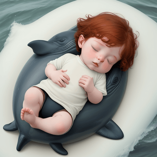 AI generated: A tender baby with soft reddish hair, asleep on a whale traveling over the sea, 

