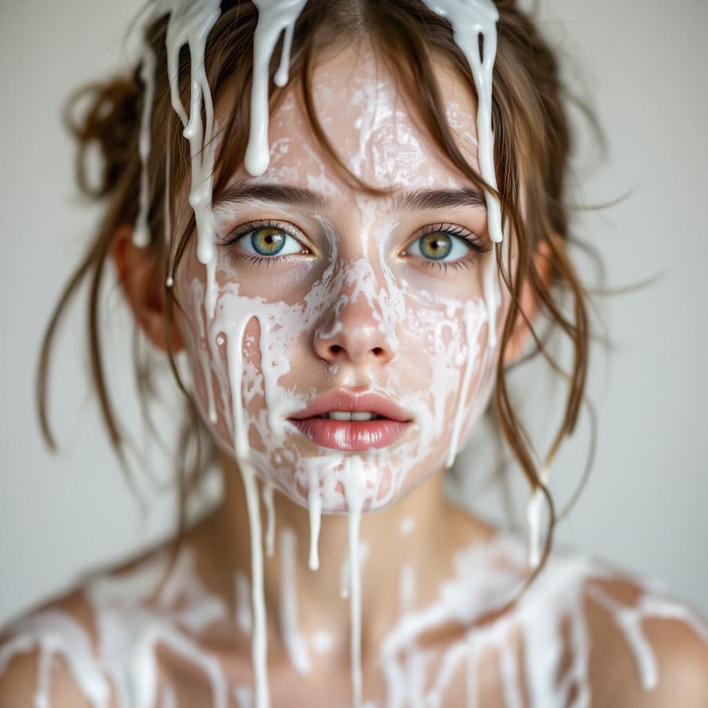 AI generated: Girl, face dripping with watery white icing