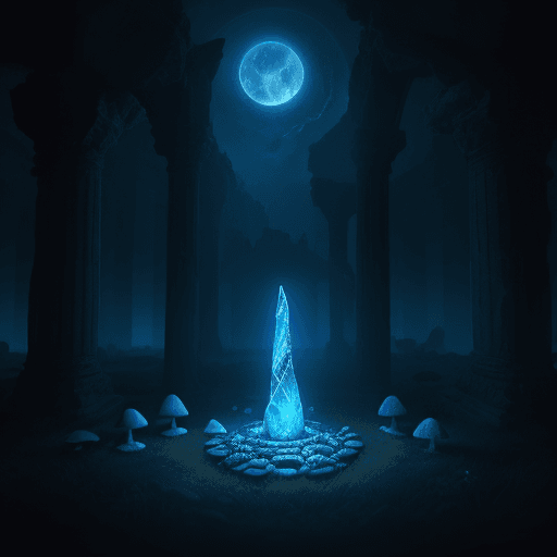 AI generated: Ruins with ancient runes glowing in blue, blue moon in the sky, night shot, blue mushrooms on the gr...