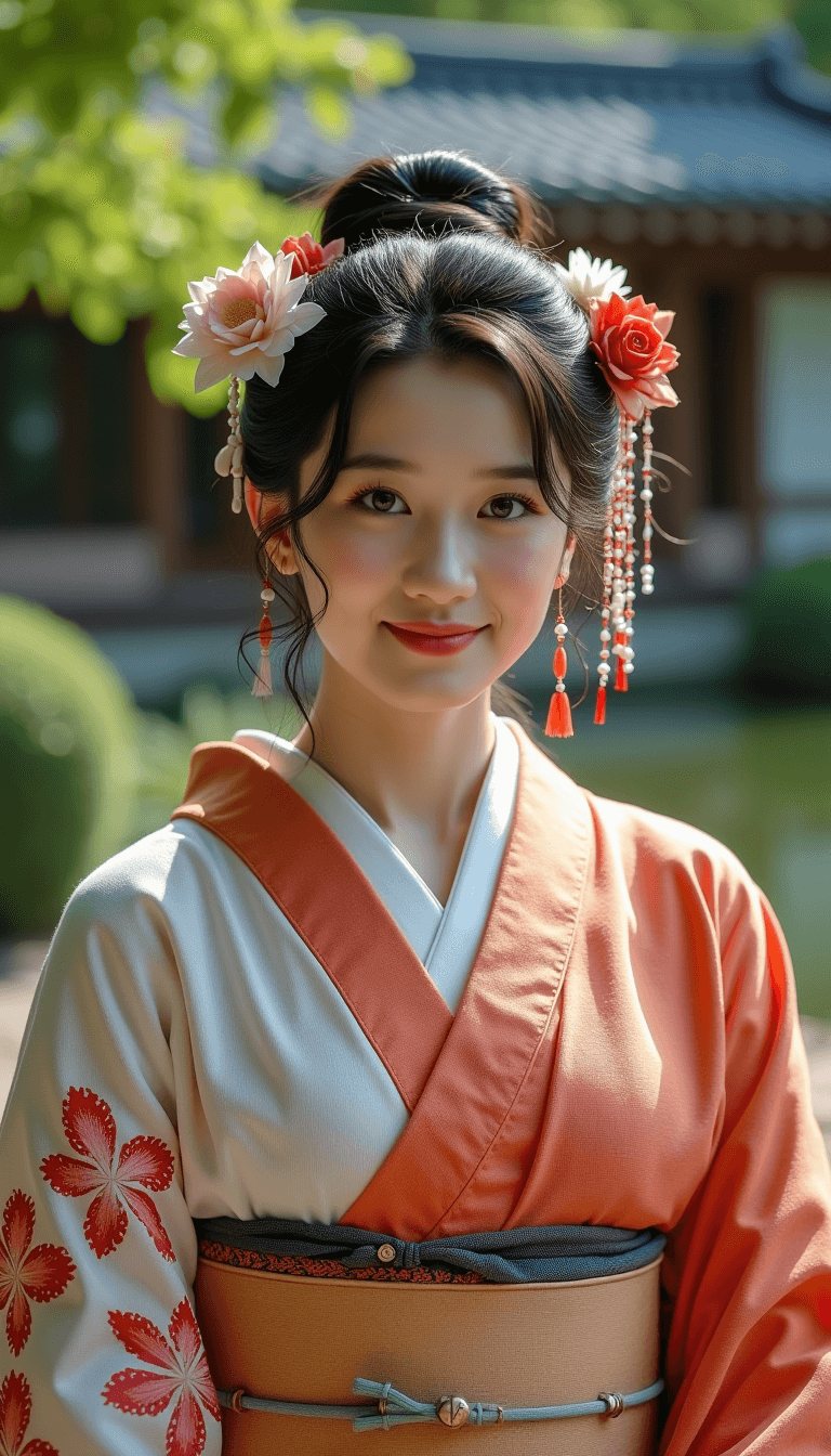AI generated:  A woman in a soft orange and white kimono with floral patterns stands outdoors in a traditional gar...