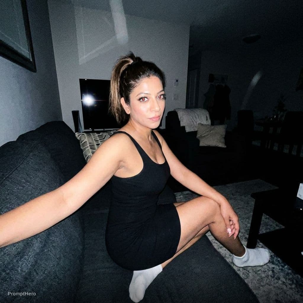 AI generated: looking at me,a sloppy snapshot. Sitting on a couch at night(no lights), wearing bodycon dress and w...