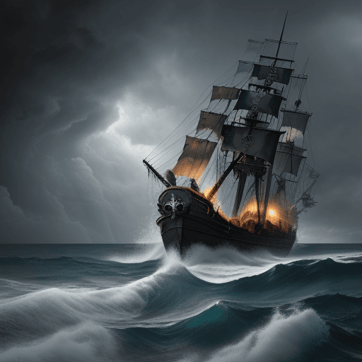 AI generated: A sinking pirate ship, stormy sky, rough sea, open sea, deep sea
