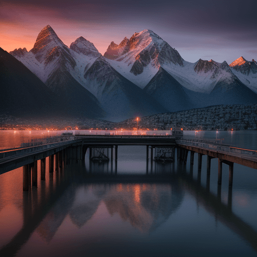 AI generated: canon 5d, frozen Bariloche city, pier, sunset, fantasy, digital art, photo, cinematic shot photo tak...