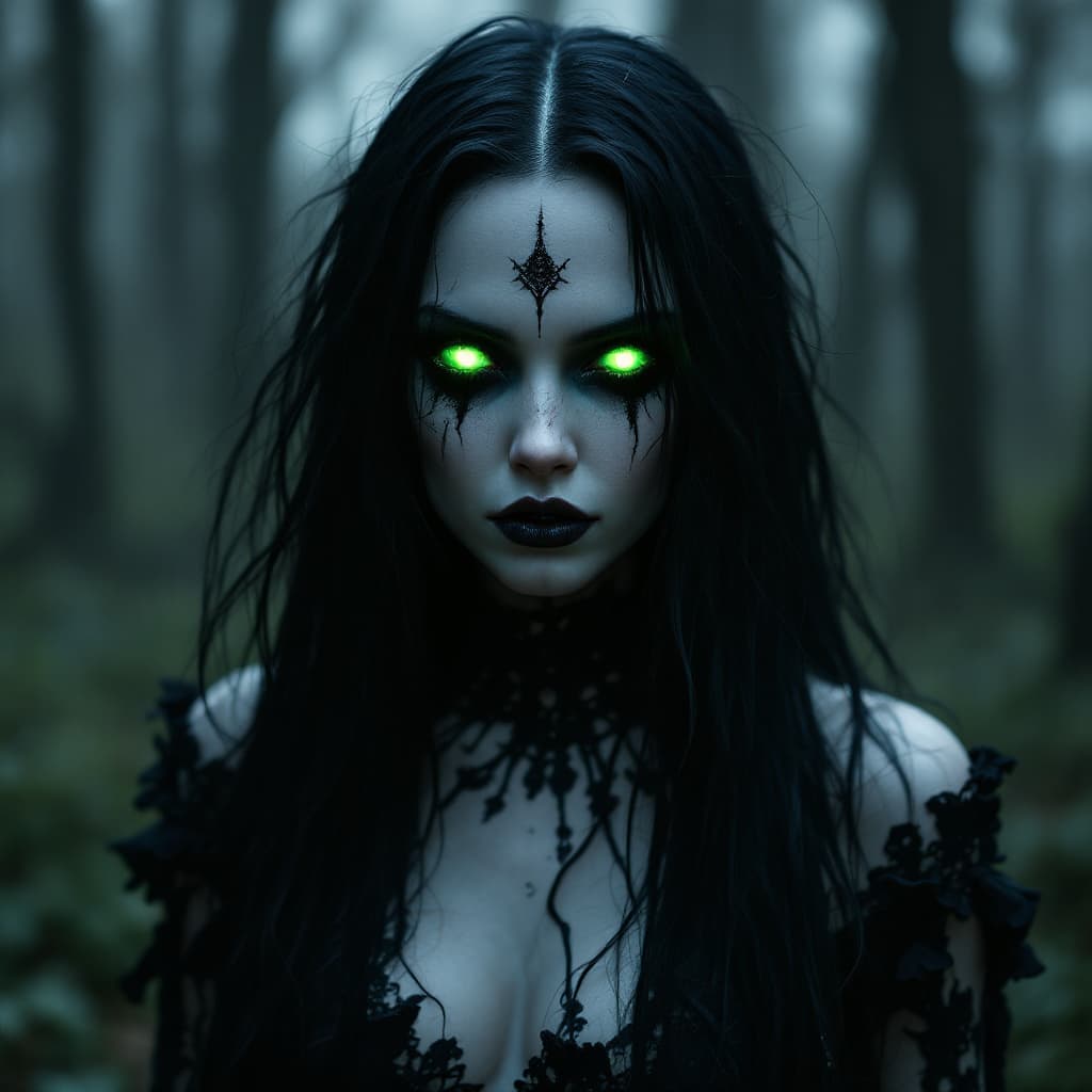 AI generated: A scary girl, full body, pale skin, long crazy black hair, dark eyes that glow a neon green, a dark ...