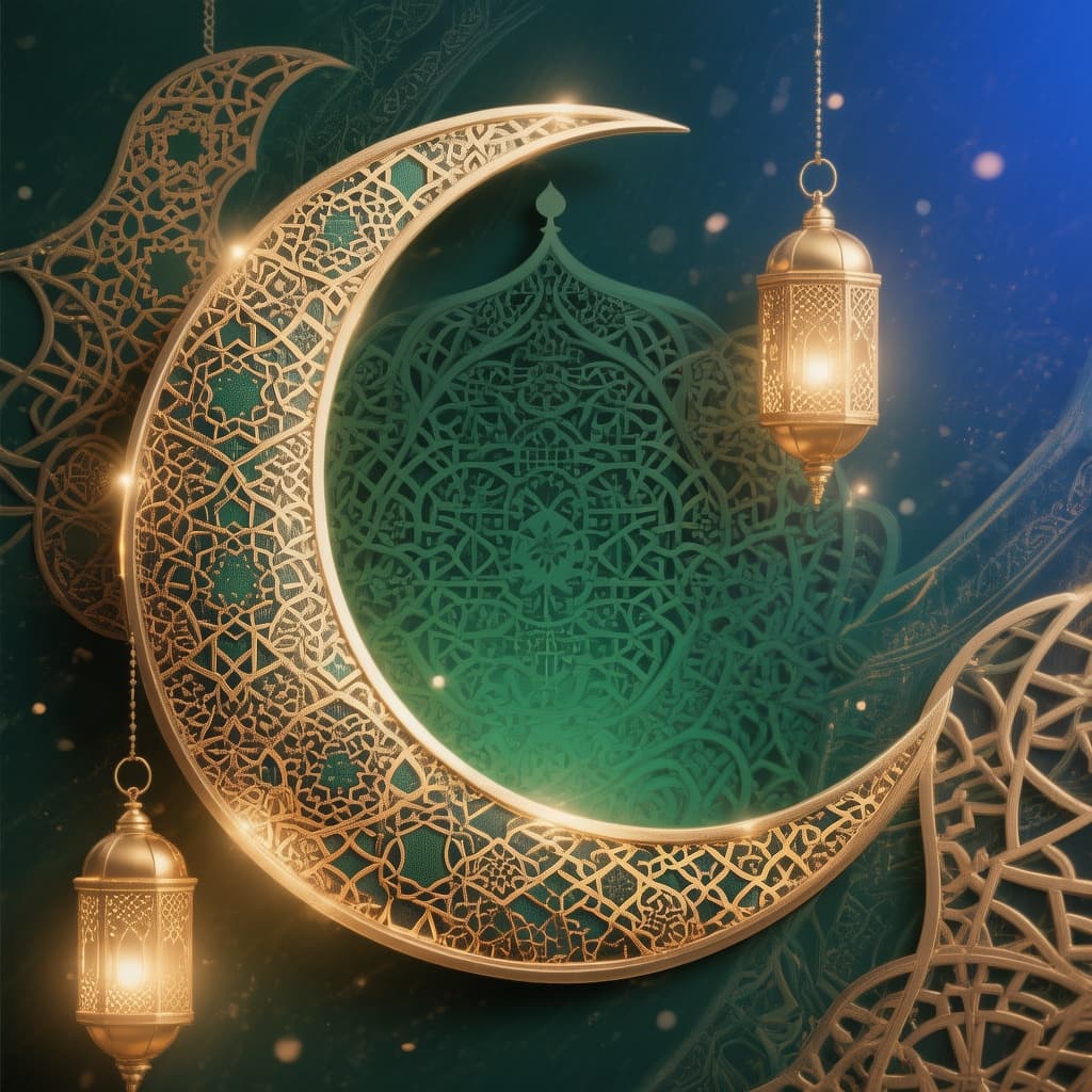 AI generated: الموضوع: هلال زخرفي فاخر في خلفية رمضانية أنيقة.

Elegant Ramadan background, Islamic festive atmosp...