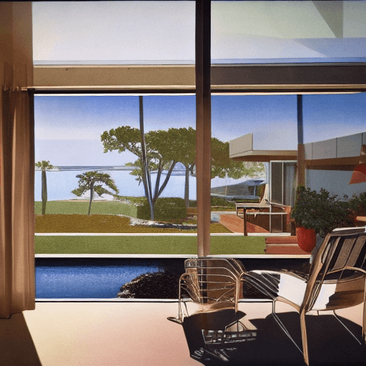 AI generated: Hyper realistic eye level exterior photo of a mid century modern style house overlooking the ocean, ...