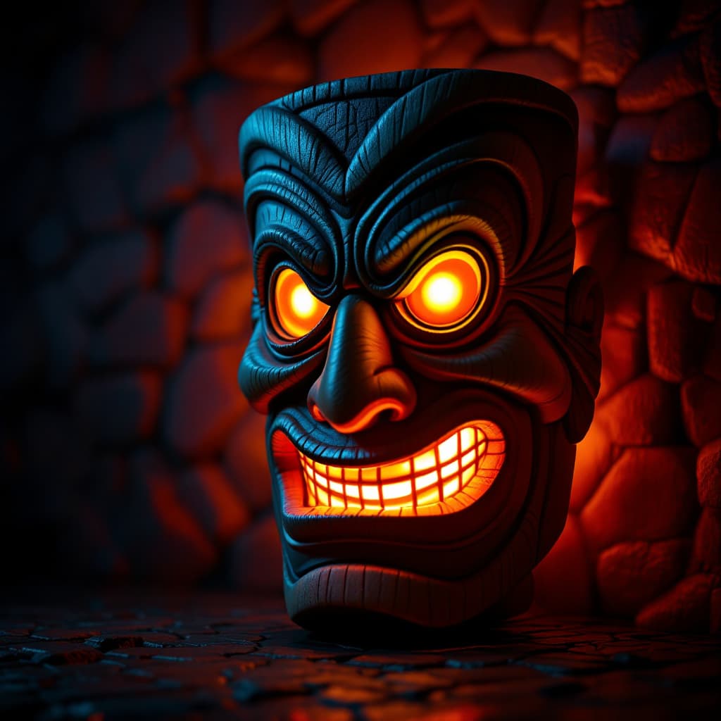 AI generated: tiki mask 3/4 view turn, cinematic lighting
