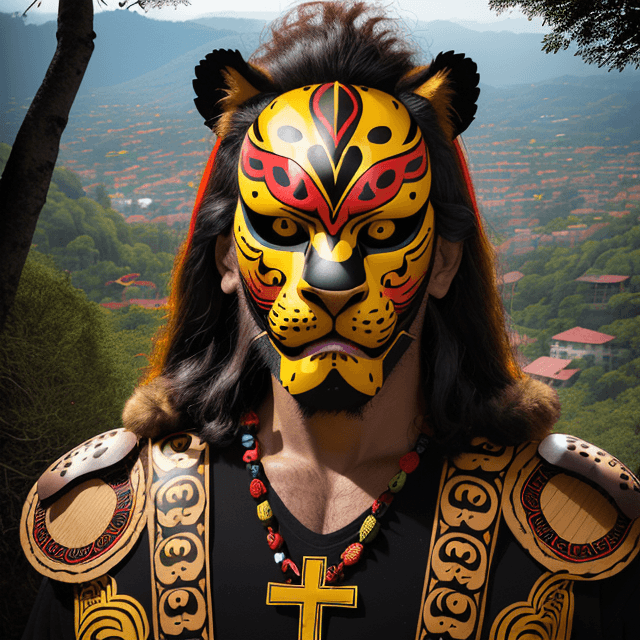AI generated: man with jaguar warrior helmet mask with jaguar-style and abundant hair, wooden mask, fine wood deta...