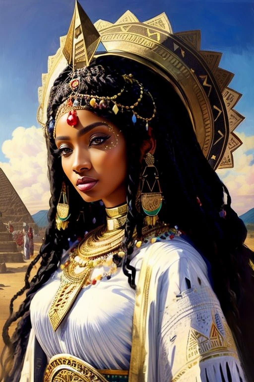AI generated: a woman with a big headdress and a big feathered hat on her head is standing in front of a pyramid, ...