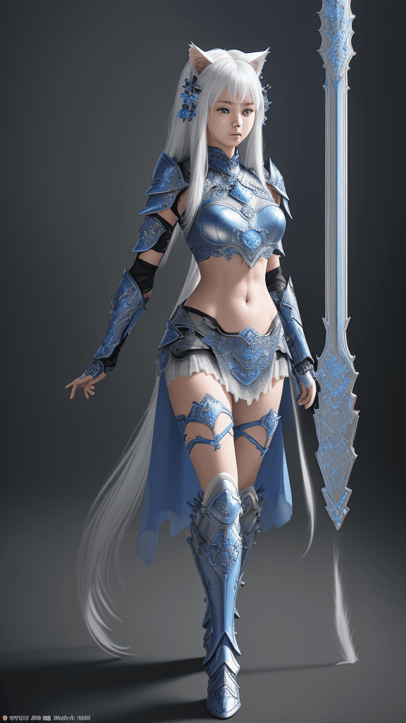 AI generated: (full body), intricate azure armor, detailed gorgeous face, cat ears, beautiful young South Korean g...
