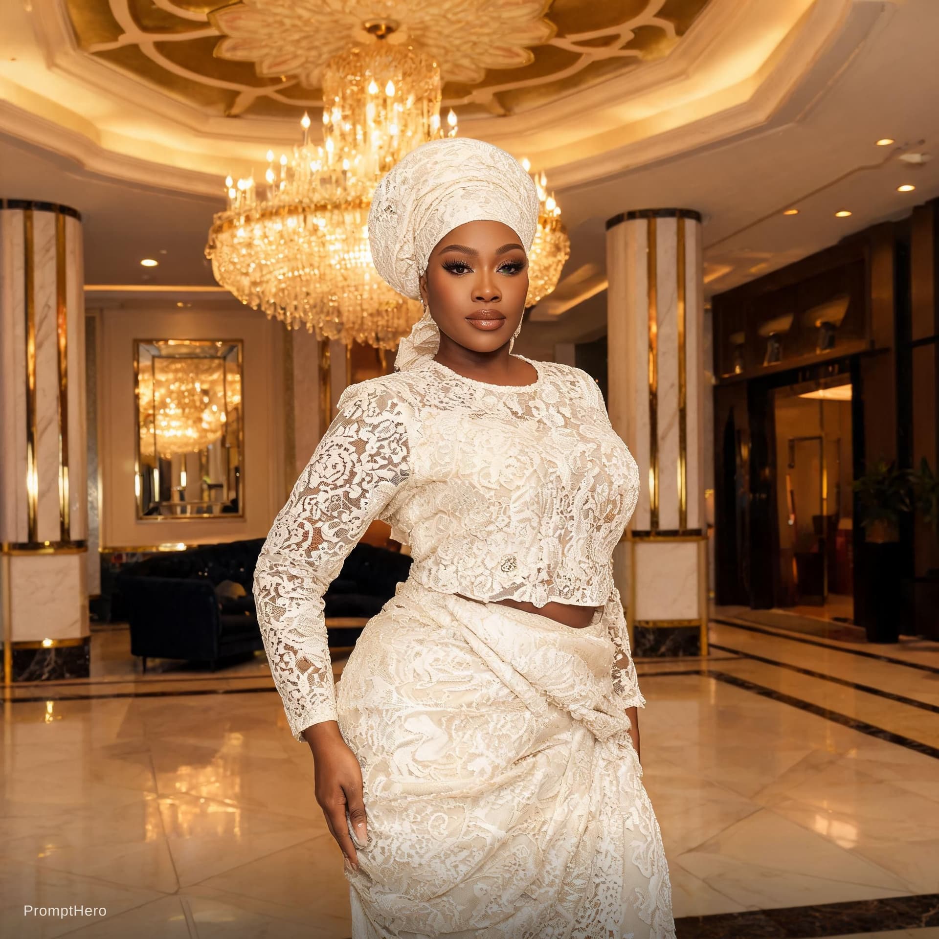AI generated: “Curvy Nigerian woman wearing sophisticated lace iro and buba outfit with gele, posing elegantly ins...