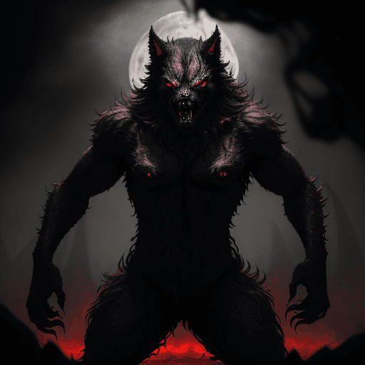 AI generated: "Create a chilling image of an evil werewolf emerging from the depths of hell. The werewolf is a gro...