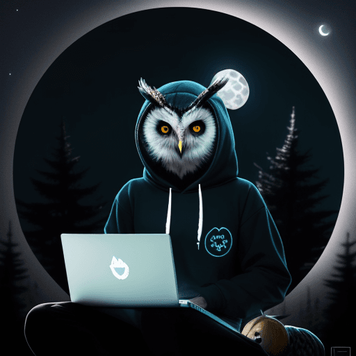 AI generated: Owl wearing a programmer's hoodie working on a laptop under the moon, surrounded by floating code.