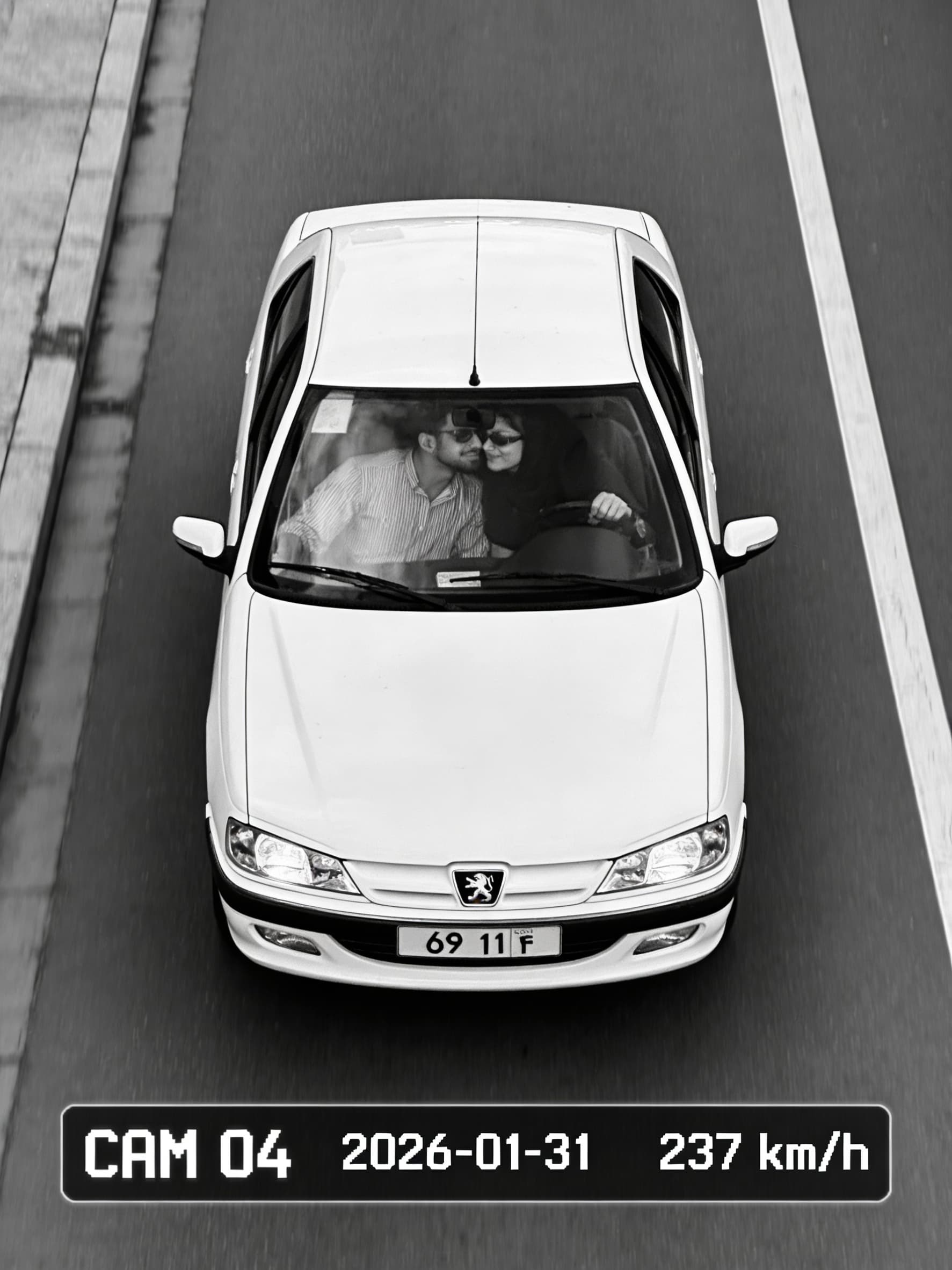 AI generated: Black-and-white photorealistic street shot in the style of a traffic surveillance camera. View stric...