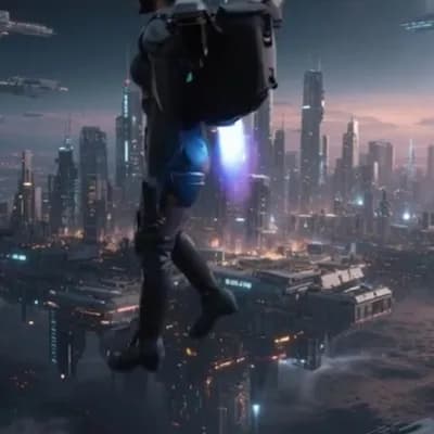 AI generated video: She leaps into the sky, jetpack firing blue flame from her back.  She flies toward the towers in the...