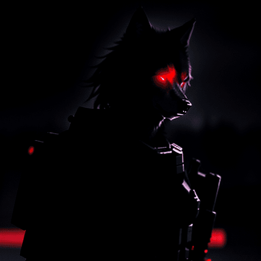 AI generated: black wolf soldier with red eyes wearing joint task force loadout, sniper on his back, reflection ma...